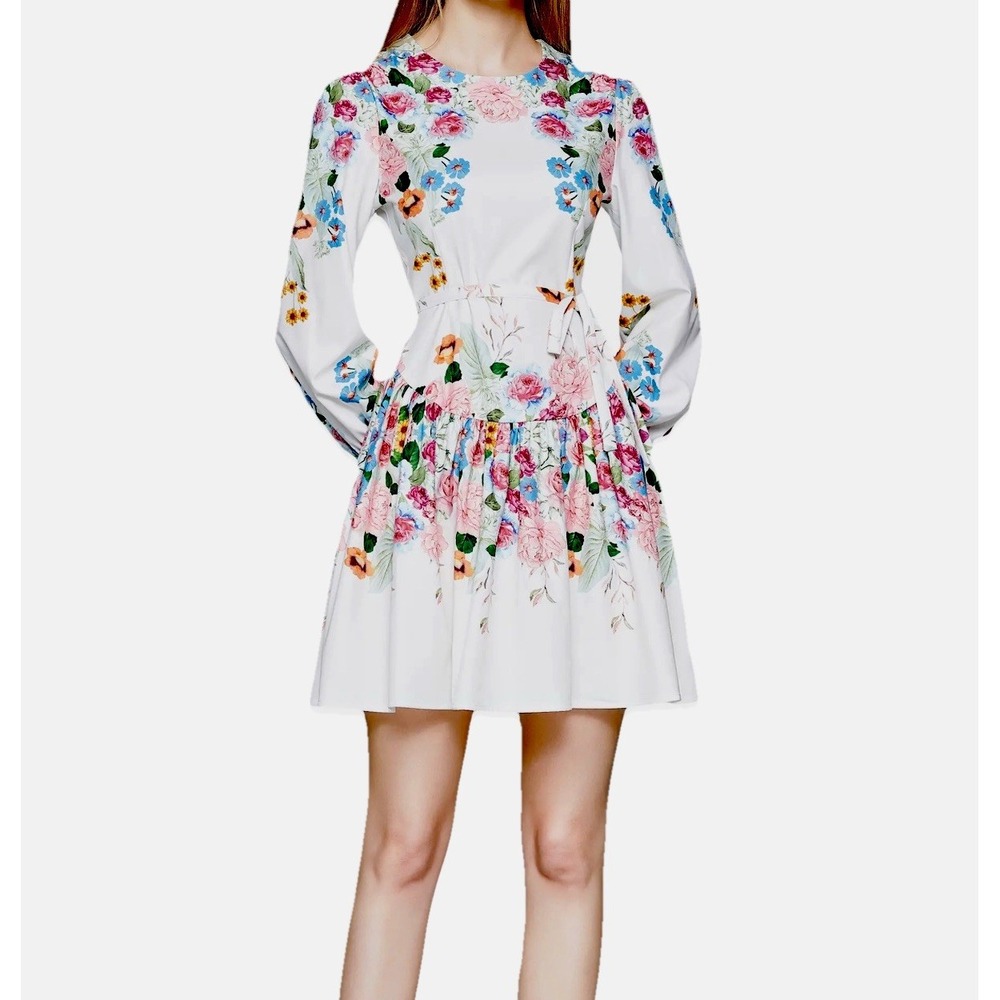 Kaimilan White Floral‎ Long Sleeve Fit & Flare Dress Chic Classy Sz 4 NWT